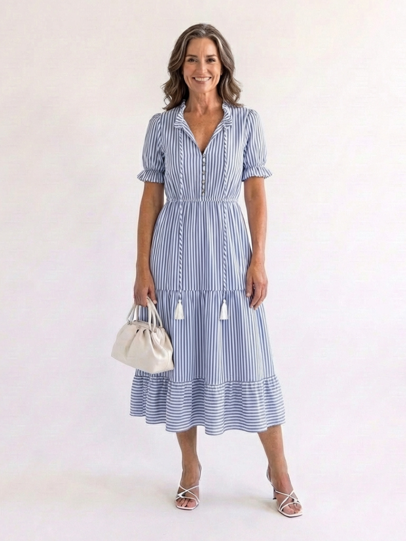 Dakota - Short Sleeve Striped Tiered Midi Dress