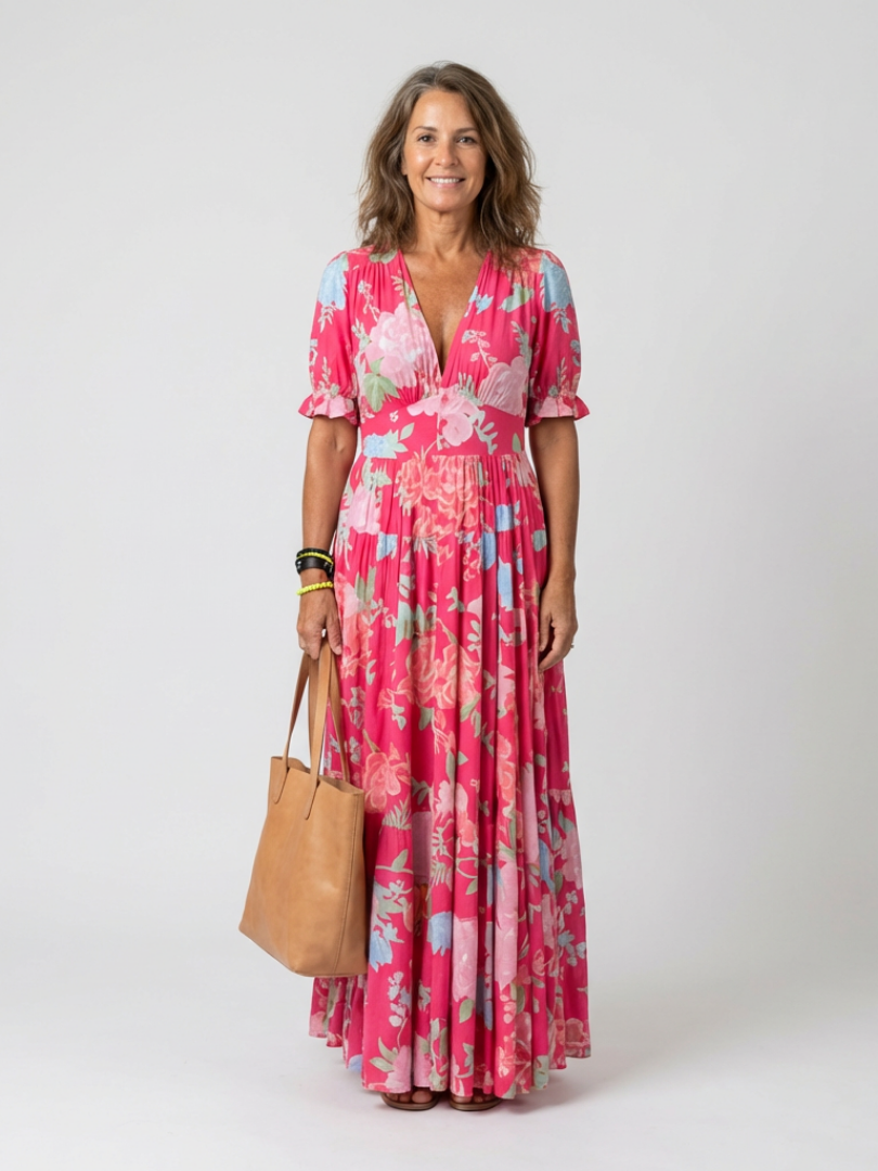 Ione - Short Sleeve V Neck Floral Midi Dress
