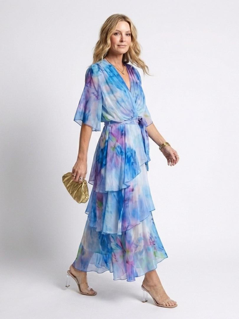 Calista - Sheer Layered V Neck Tie Waist Maxi Dress