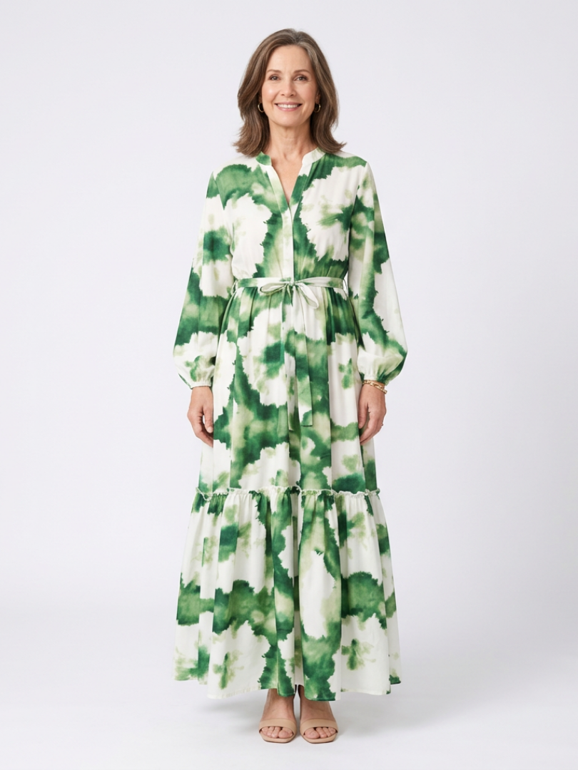 Sabine - Long Sleeve Tie Waist Tiered Maxi Dress