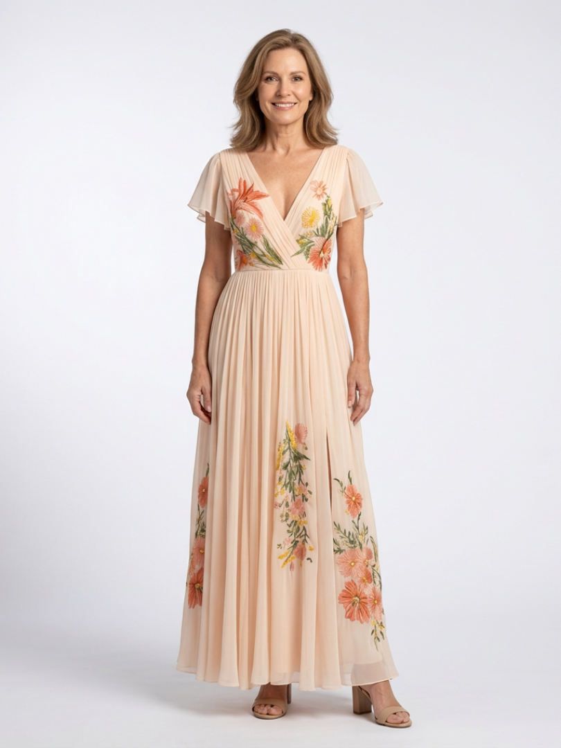 Calista - V Neck Short Sleeve Pleated Floral Maxi Dress