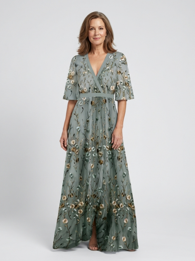 Evadne - Floral V Neck Short Sleeve Maxi Dress