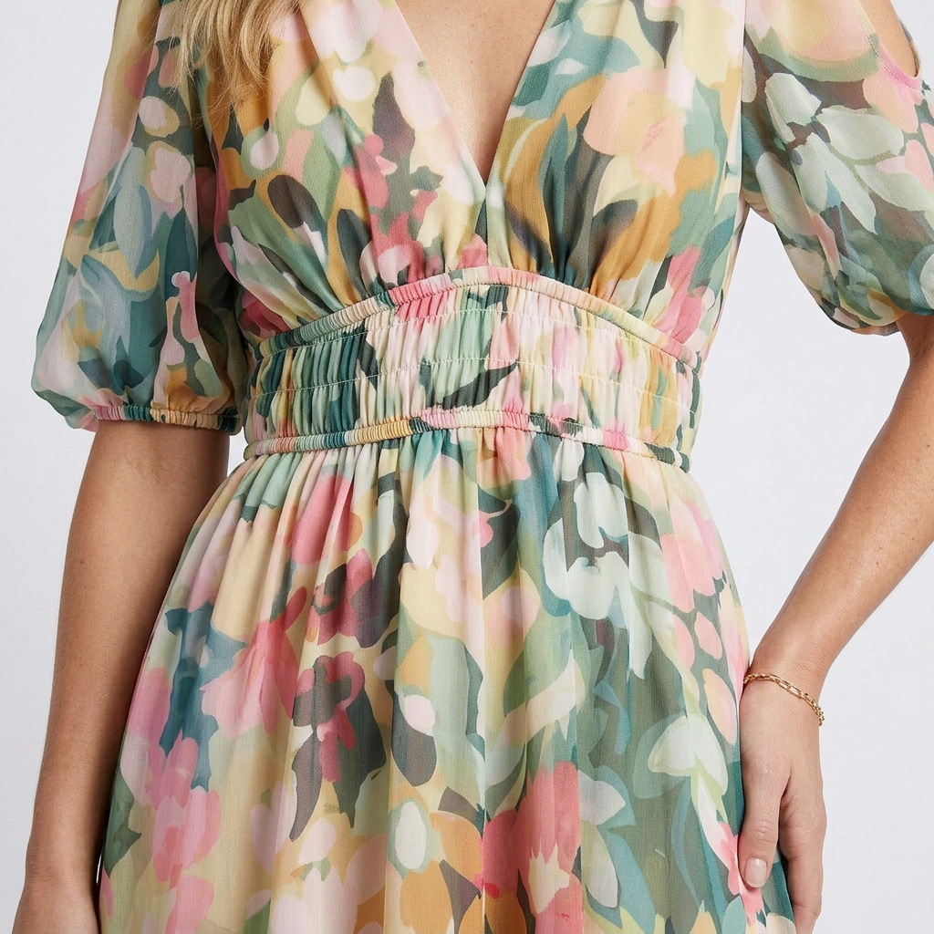 Eulalie - V Neck Short Sleeve Gathered Waist Midi Dress