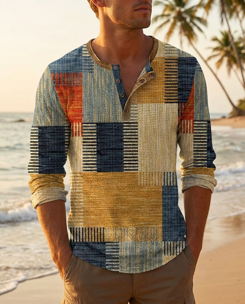 Patchwork henley long sleeve shirt