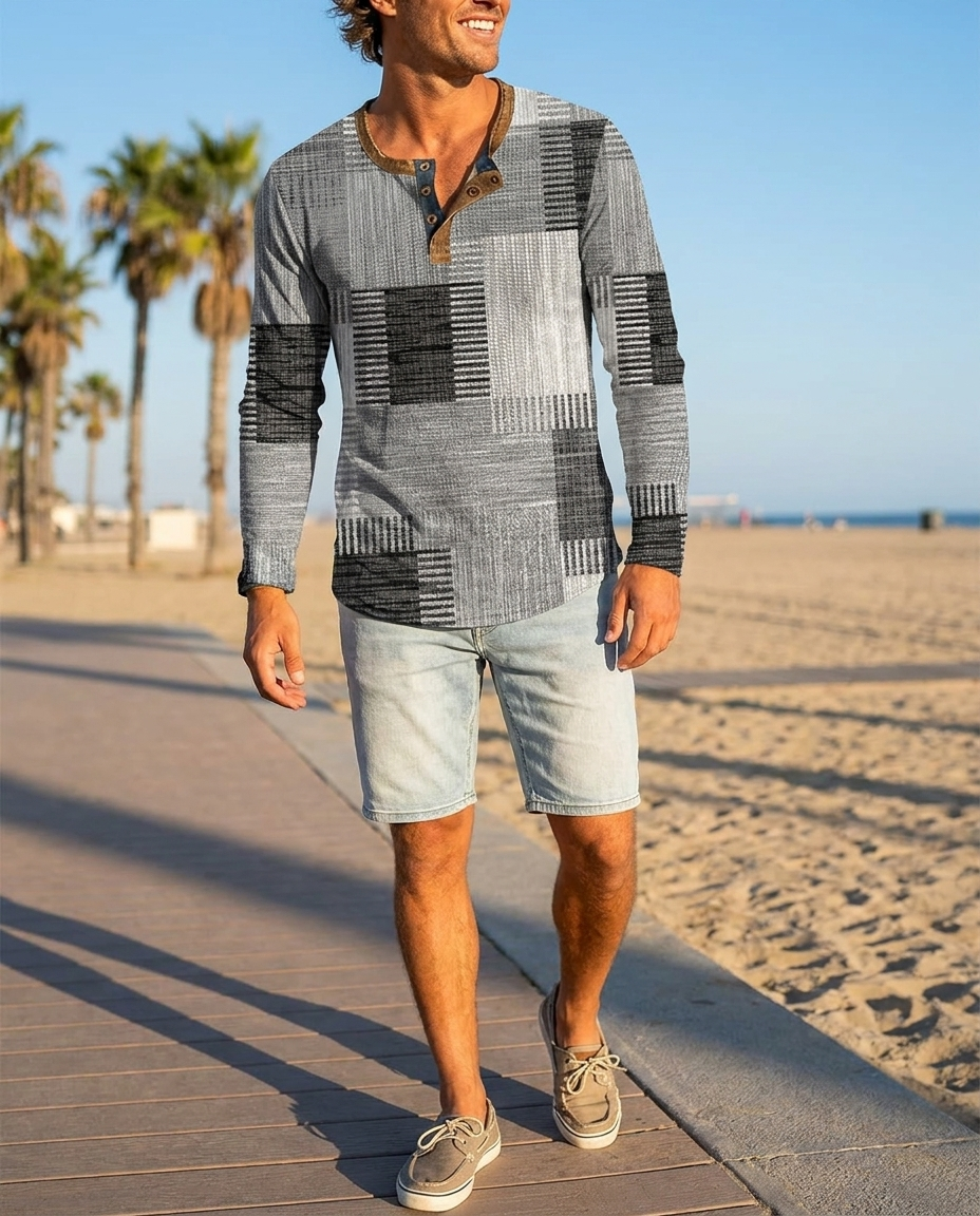 Patchwork henley long sleeve shirt