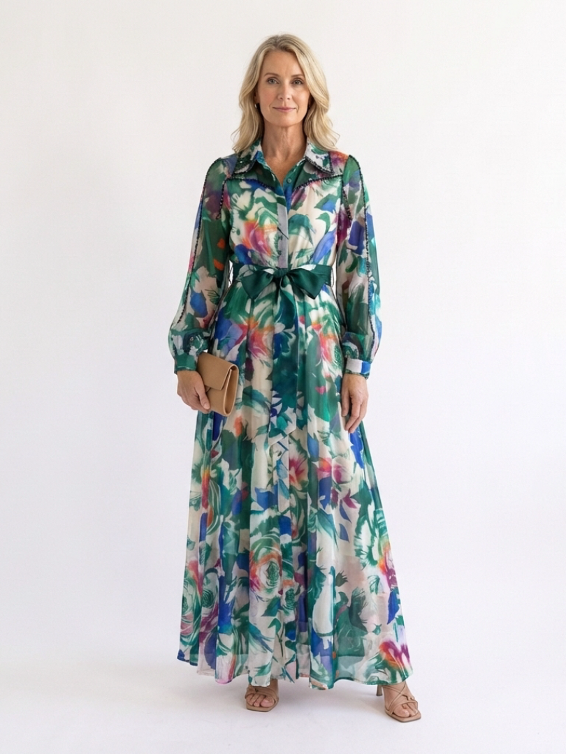 Carolina - Long Sleeve Printed Belted Maxi Dress