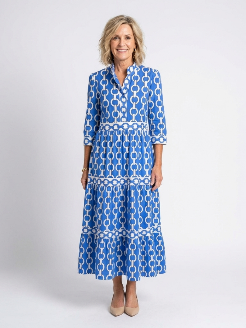 Ysolde - Three Quarter Sleeve Chain Pattern Midi Dress