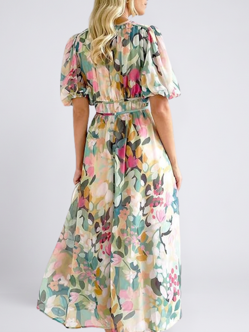 Eulalie - V Neck Short Sleeve Gathered Waist Midi Dress